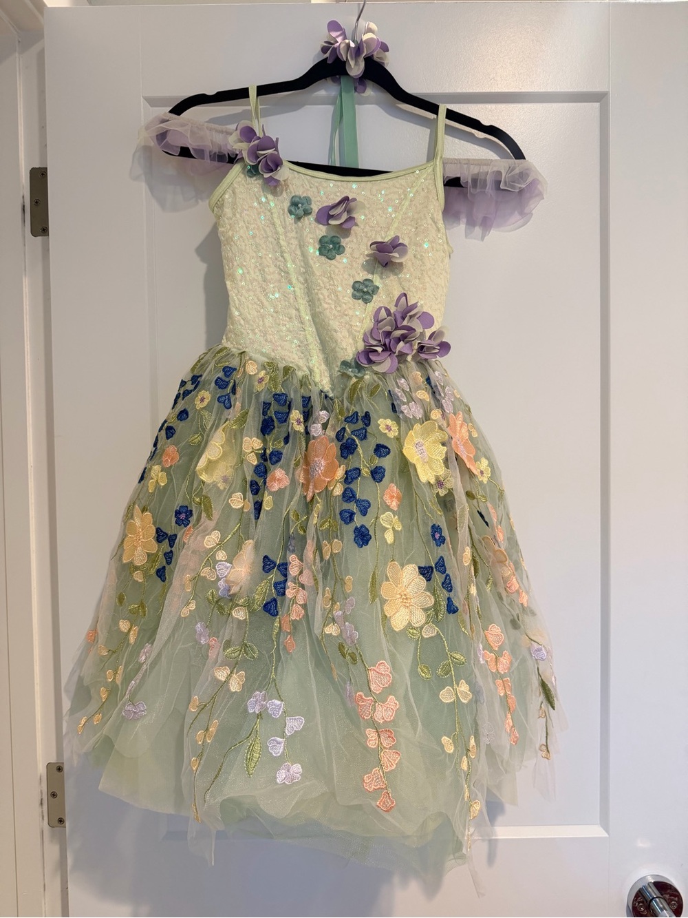 Green Floral Tulle Ballet/ FairyCostume Dress for Kids - Sparkle Flower Appliqué